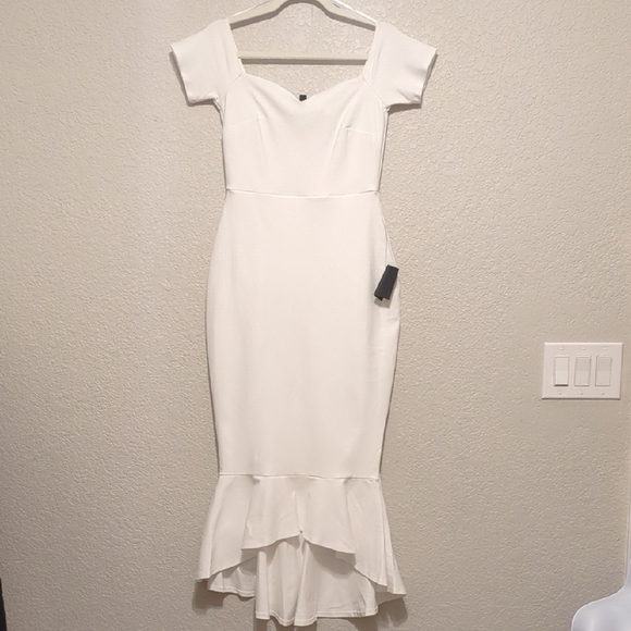 Lulu's How Much I Care ivory off shoulder fitted bodycon trumpet midi dress - Picture 7 of 12